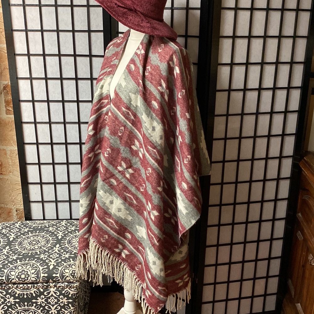 Opened In The Front Aztec Pattern Pancho Shawl - image 4